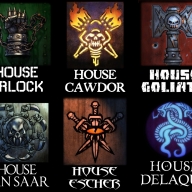 Designs for the house clan symbols of Necromunda.  Based on Wayne England's designs.