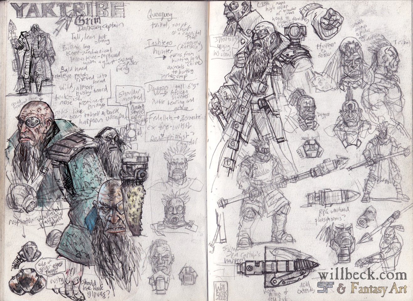 sketchbook pages showing the development of the Sump Ship Captain and his crew
