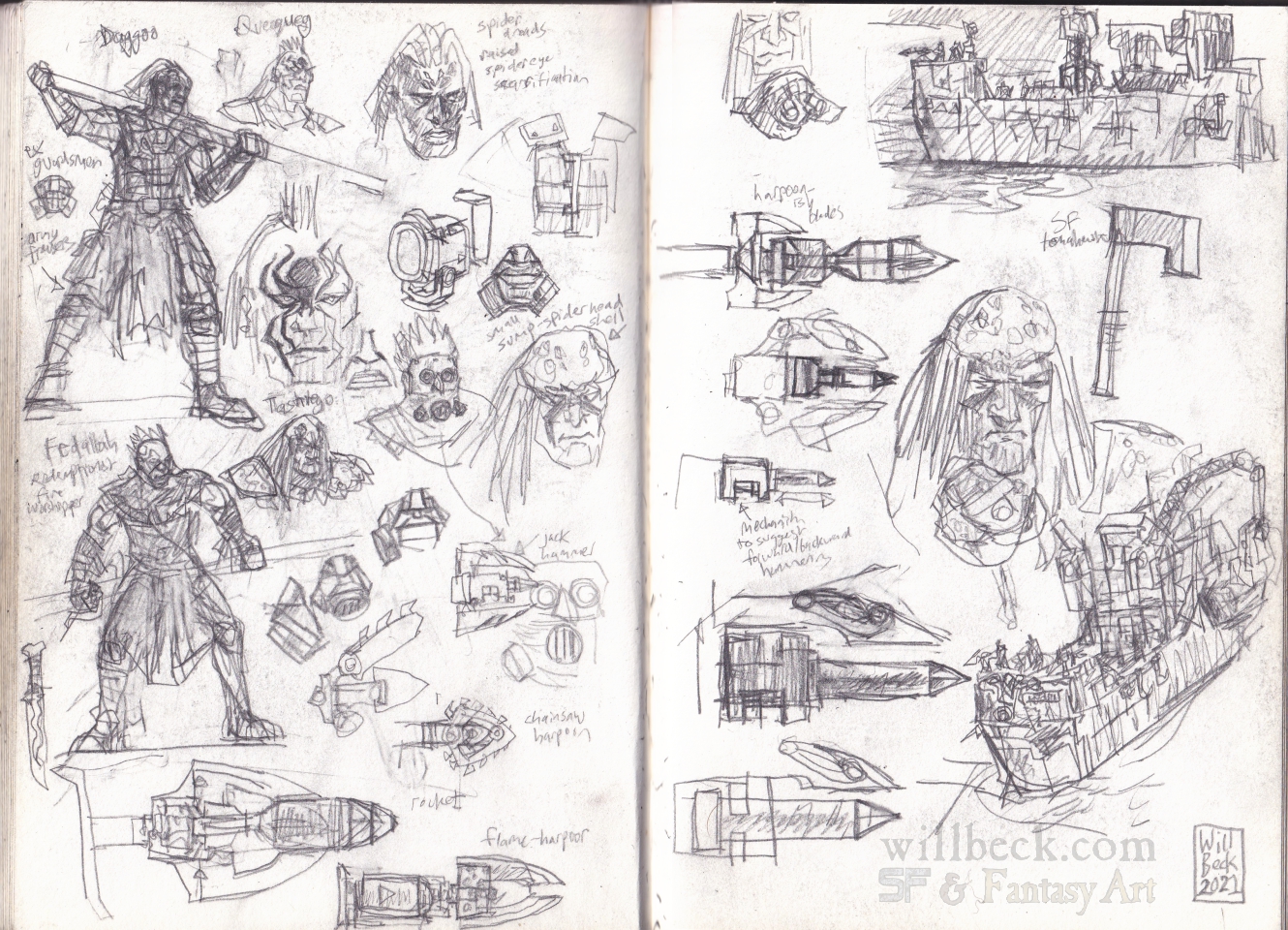 sketchbook pages showing the development of the Sump Ship crew concepts