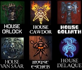 My versions of the old Necromunda House clans, Orlock, Cawdor, Goliath, Van Saar, Escher and Delaque Designs for the house clan symbols of Necromunda. Based on Wayne England's designs.