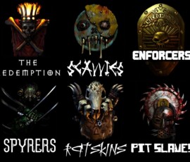 My designs for symbols representing The Redemption, Scavvies, Enforcers, Spyrers, Ratskins and Pit Slaves. Scavvy image based on John Blanche and Jes Goodwin's original. Designs for the Outlander gangs of the old Necromunda game.